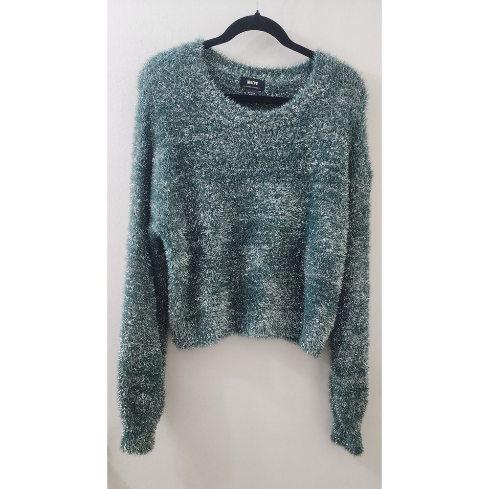 Maeve Anthropologie Teal Green Silver‎ Tinsel Eyelash Knit Sweater Womens Medium